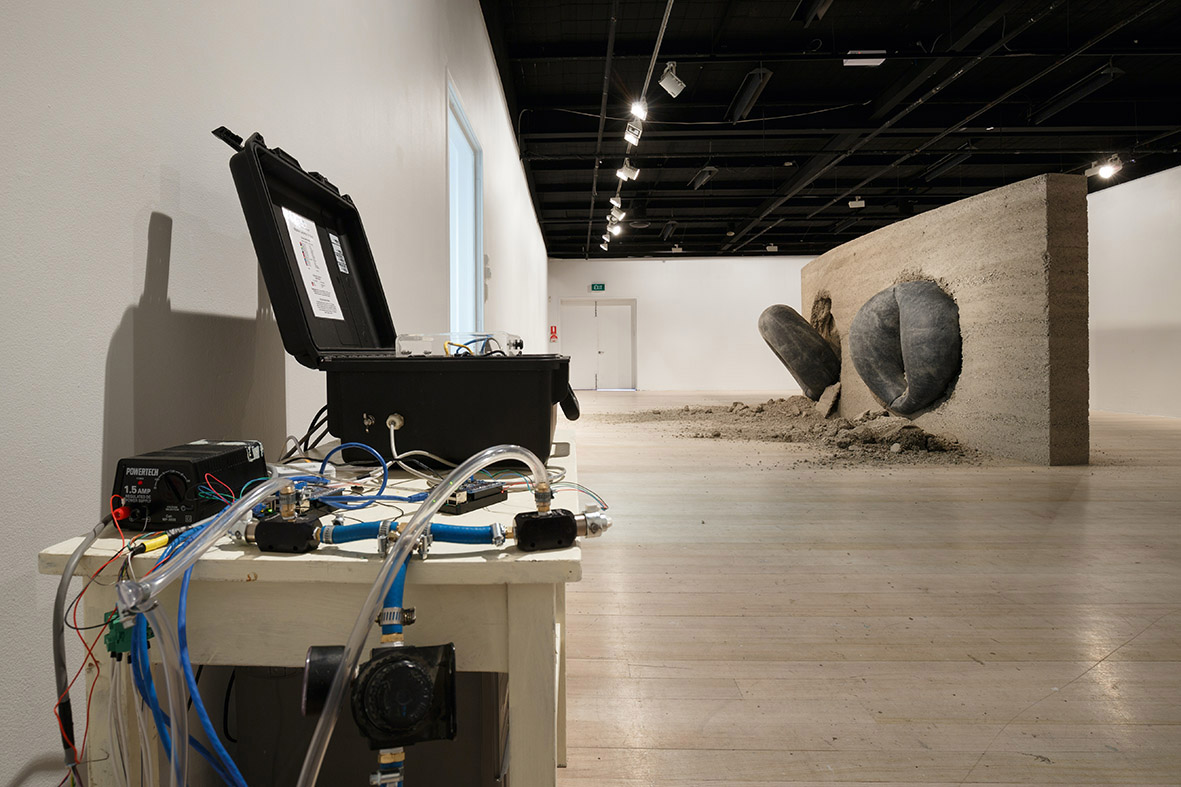 Lucy Bleach, Underground, Contemporary Art Tasmania, Hobart. 2015. Materials: crushed concrete, mining truck rubber inner tubes, hosing, mobile seismic unit, motion-sensors, live global seismic signal.