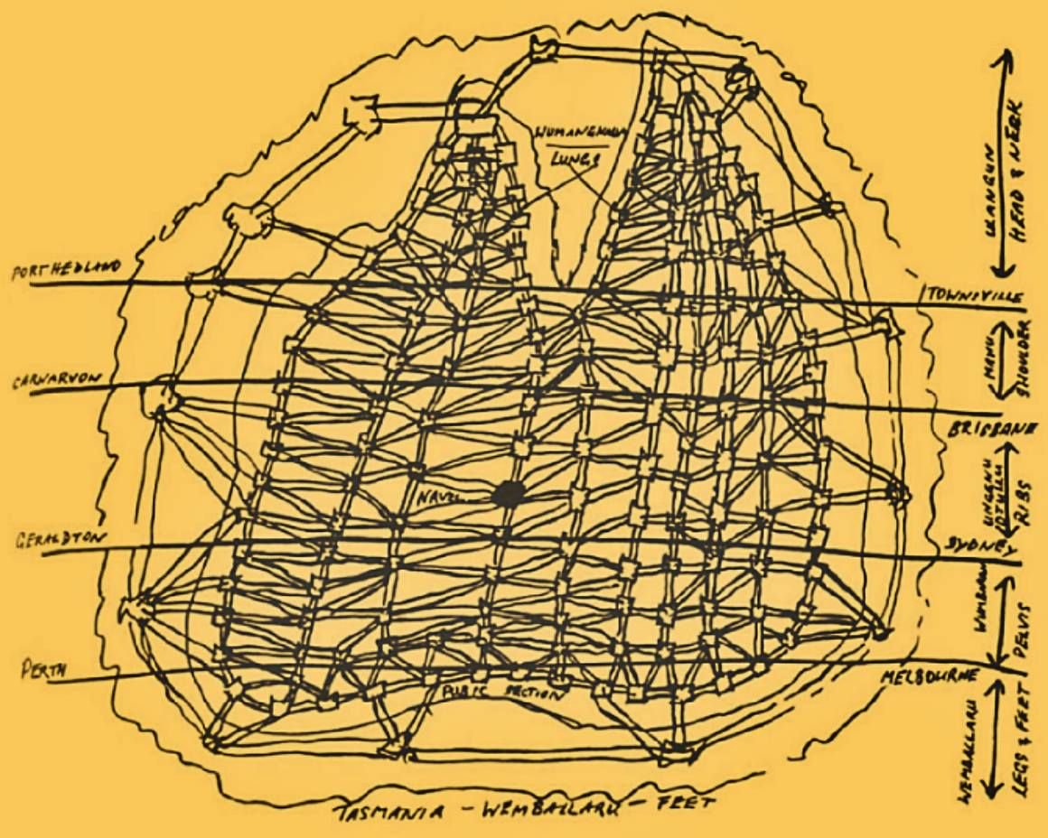 David Mowaljarlai, map of trade routes and storylines linking Aboriginal nations across Australia.