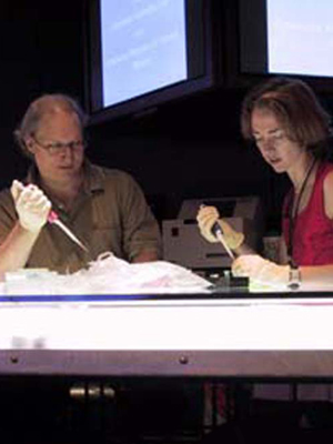 Justine Cooper with Dr Jim Bonacum during her residency at the Museum of Natural History, New York (photograph Joey Stein)