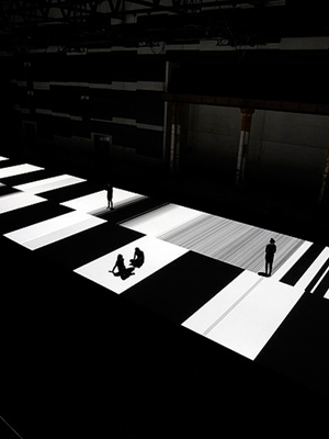 Ryoji Ikeda, “test pattern [no.5]”, 2013, audiovisual installation at Carriageworks. Commissioned and presented by Carriageworks and ISEA2013 in collaboration with Vivid Sydney. Photograph Zan Wimberley.
