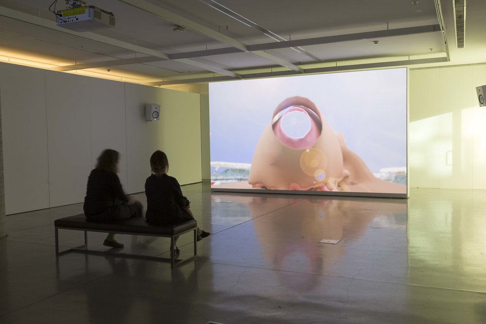 Baden Pailthorpe, Clanger (longitude, latitude, decibels), [installation view] 2018. HD video, 4.1 channel surround sound. 06.30 mins. Photo: Jessica Maurer. Synapse 2017, Baden Pailthorpe + UTS Sport and Exercise Science Professor Aaron Coutts.