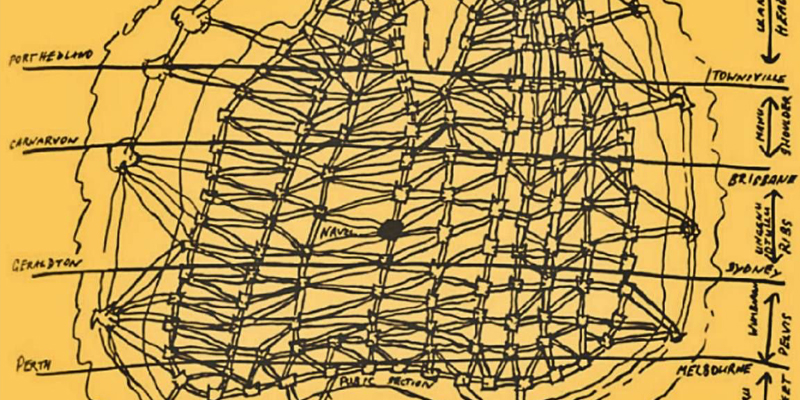 David Mowaljarlai, map of trade routes and storylines linking Aboriginal nations across Australia.