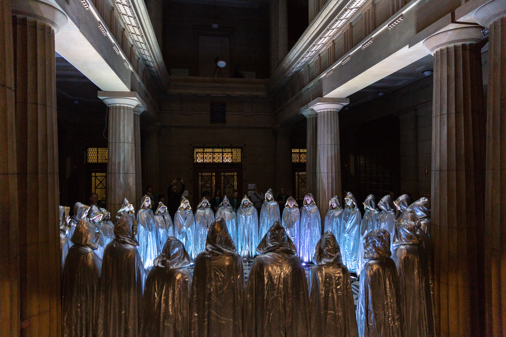 Michaela Gleave, A Galaxy of Suns, ANAT SPECTRA Adelaide, 2018. Created in collaboration with Amanda Cole and Warren Armstrong. 36-part choral performance, smart phone app, lighting program. Photograph Sia Duff.