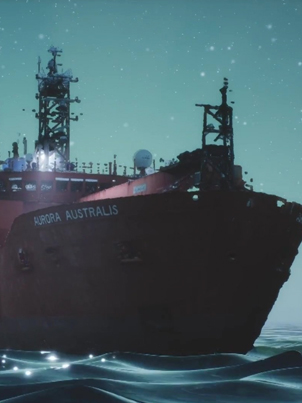 A digital rendered illustration of the ice breaker Aurora Australis, moving through the ocean on a starry night.