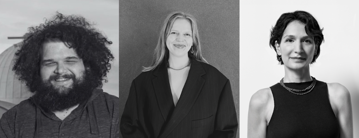 Portrait of three professionals: bearded man with curly hair on the left, smiling woman in a blazer center, woman in a black sleeveless top on the right.