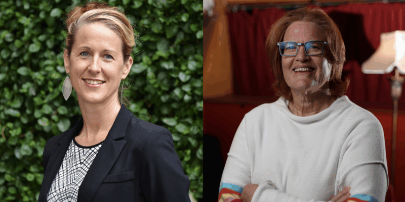 Split-screen portrait: left woman in a black blazer smiling outdoors with a leafy hedge behind; right woman with red hair, glasses, and a white sweater indoors.