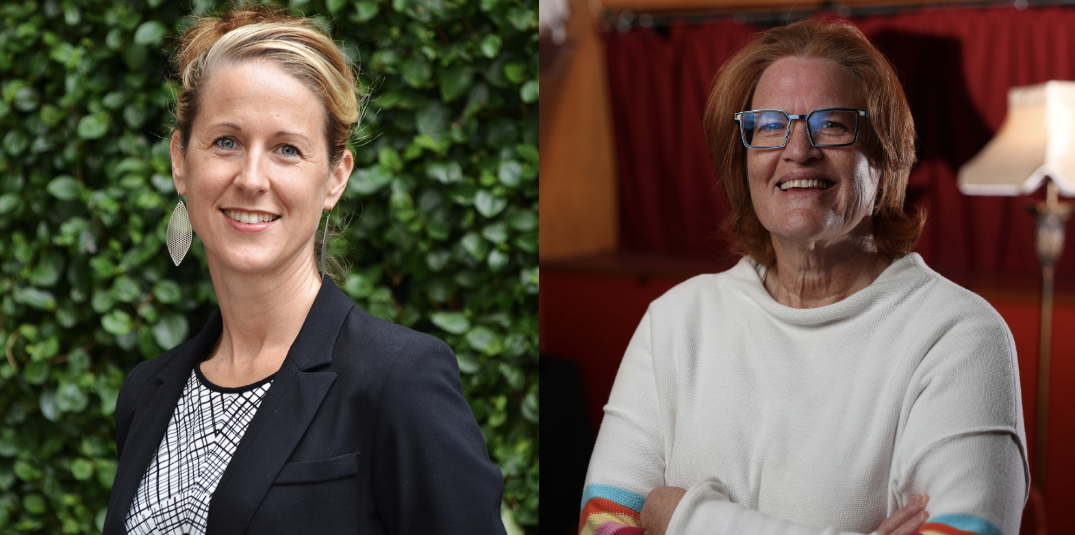 Split-screen portrait: left woman in a black blazer smiling outdoors with a leafy hedge behind; right woman with red hair, glasses, and a white sweater indoors.