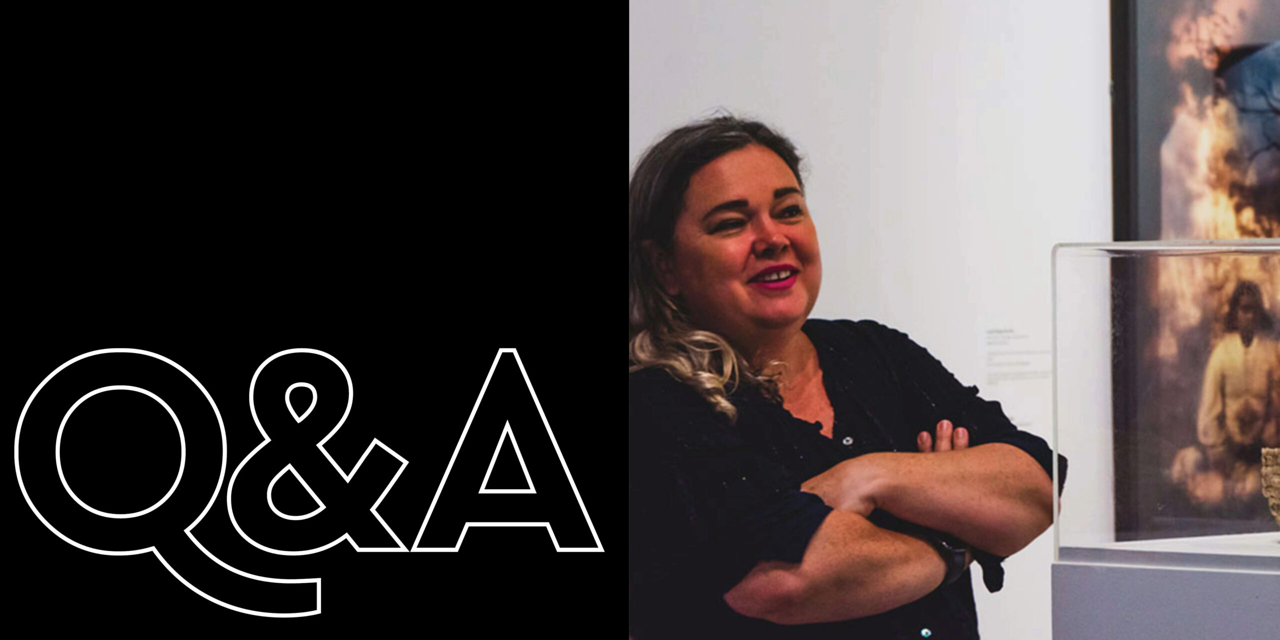 Left panel shows large white 'Q&A' lettering on a black background; right panel features a woman with arms crossed speaking in a gallery setting.