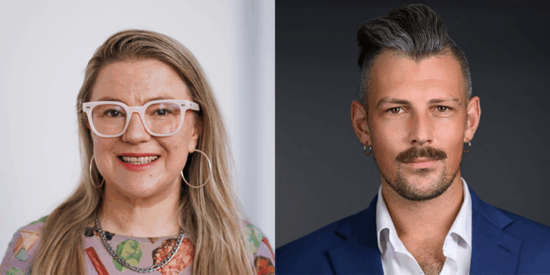 Split image of two adults: left is a smiling woman with large pink glasses and floral top; right is a man with a trimmed beard wearing a blue suit.
