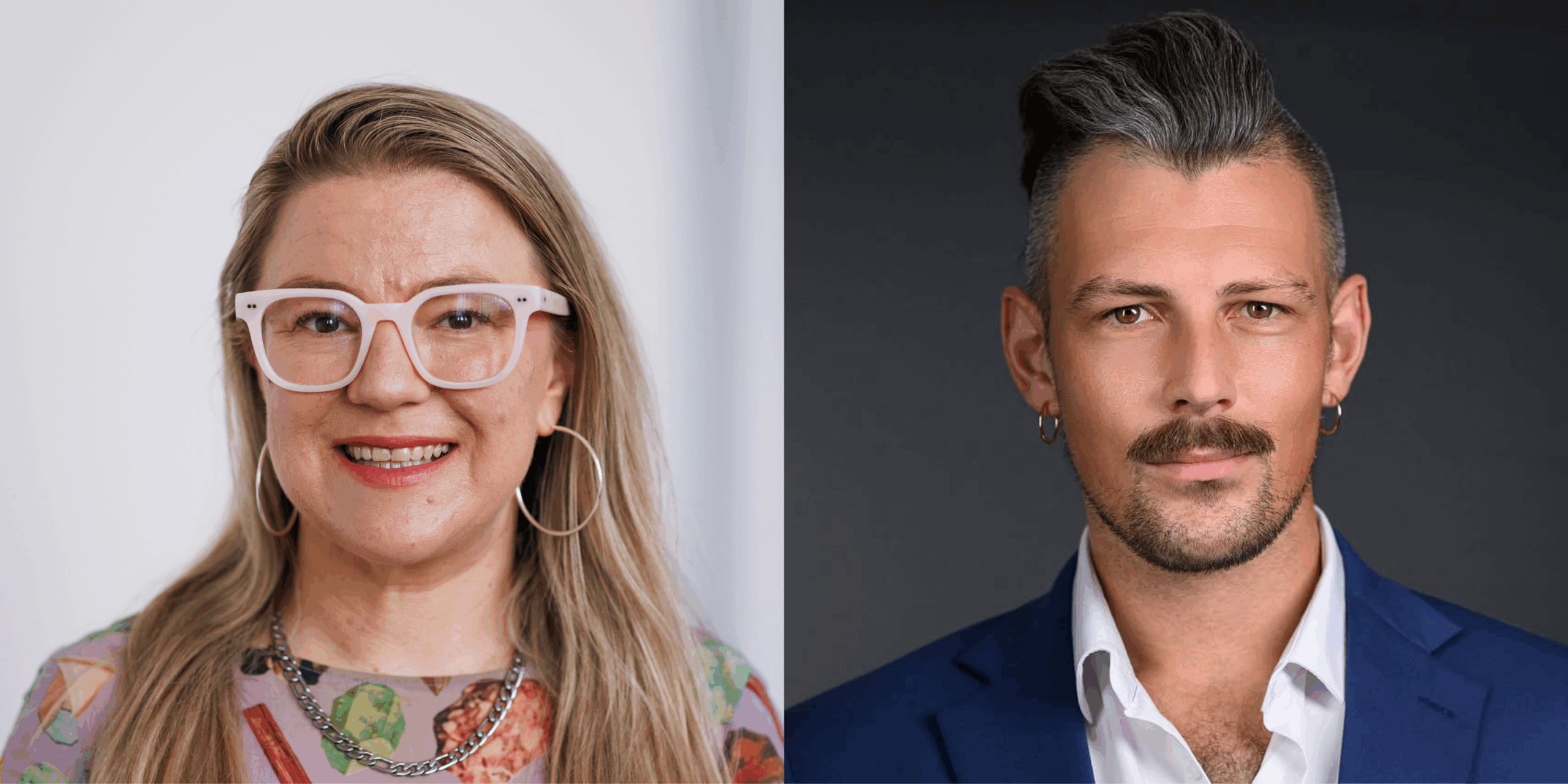 Split image of two adults: left is a smiling woman with large pink glasses and floral top; right is a man with a trimmed beard wearing a blue suit.